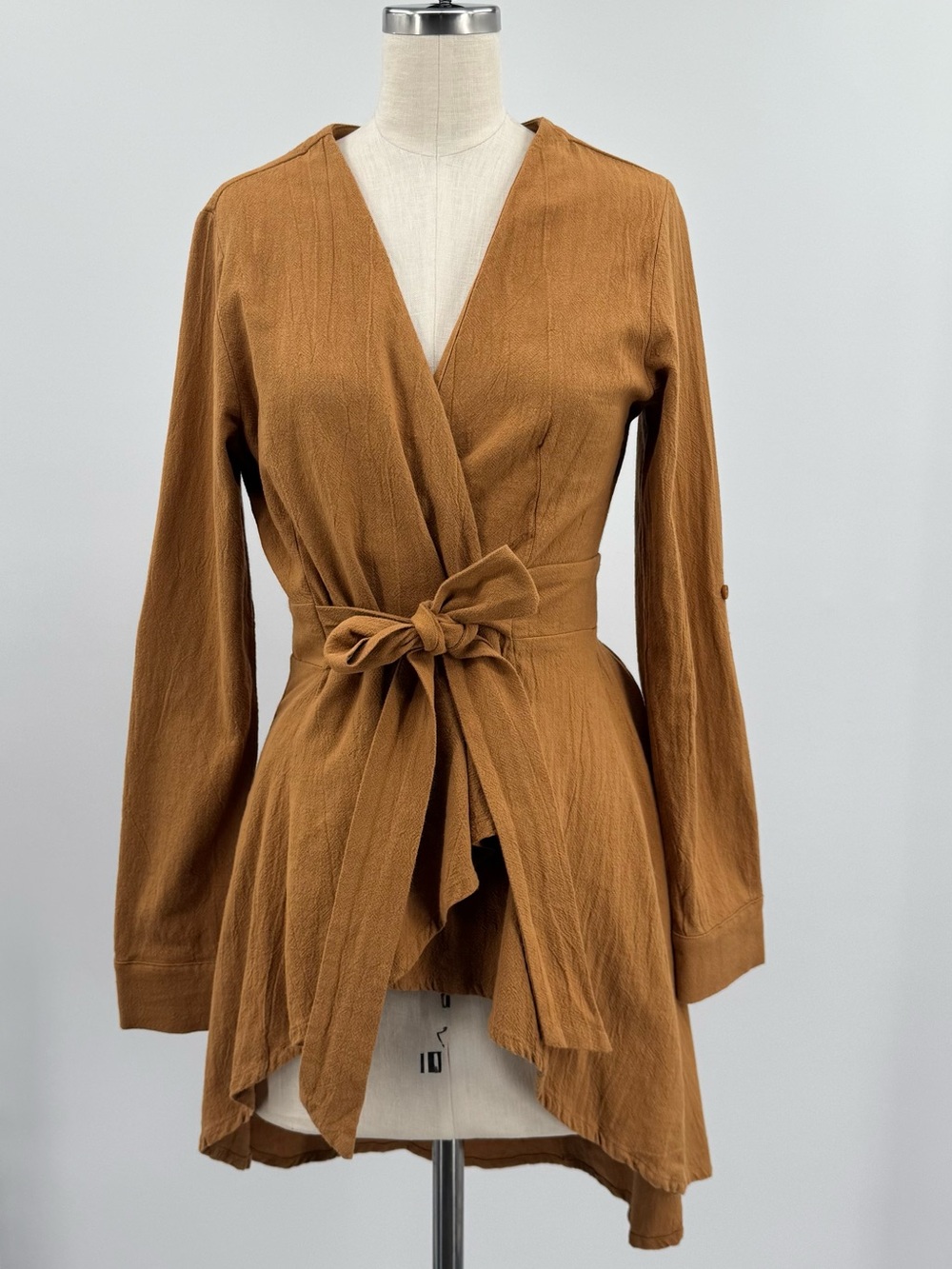FAVLUX Women’s Brown Wrap Top Long Sleeve Tie Waist V Neck Cotton Size S